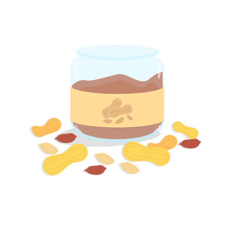 Glass jar filled with peanut butter. Vector food illustration in cartoon style. Opened jar and sprinkled peanutsのイラスト素材