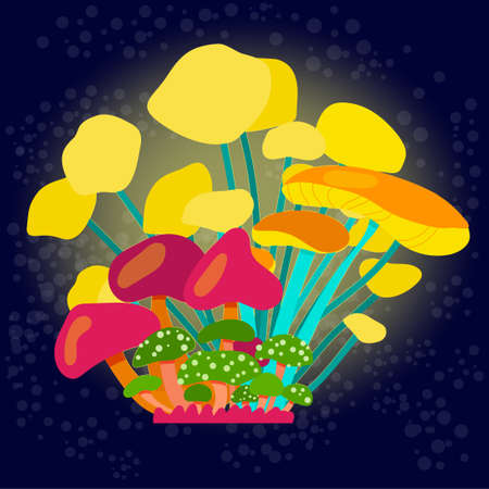 Glowing mushrooms on a dark background. Composition of many bright fairy or space mushrooms in a cartoon style.のイラスト素材