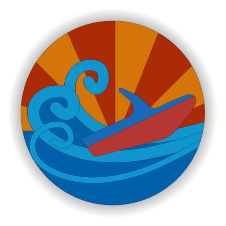 Stylized illustration of a water scooter. Jet ski, waves and sunset. Round emblem. Water transport sticker or embroidery.のイラスト素材
