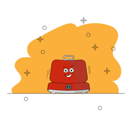 Electric waffle maker in cartoon style. Emotional character of kitchen appliances. Red appliance on an orange background. Vector illustration of a grinning electric waffle iron.のイラスト素材