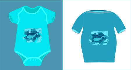 Illustration for mom and baby family clothes on the marine theme. Drawing in the style of paper cut. Whale, waves, fish at depth.のイラスト素材