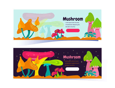 Set of horizontal banners with fantastic mushrooms. Fabulous or space mushrooms on a light and dark backgroundのイラスト素材