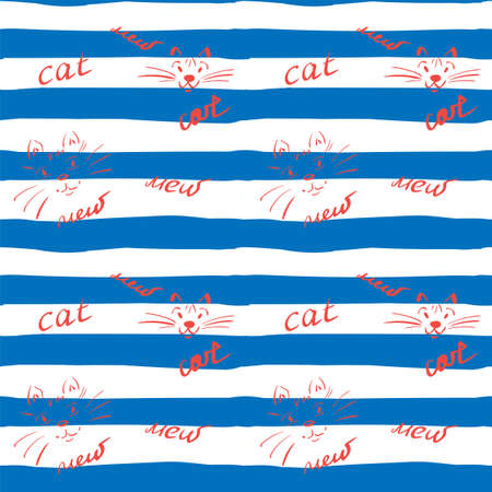 Funny endless pattern with hand-drawn cat faces and meow lettering. White and blue stripes. Tile for printing on fabric, wrapping paper.のイラスト素材