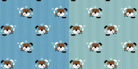 Funny brown puppies with multi-colored ears. Cute dogs and a plate with bones on a turquoise background. Endless pattern. Vector illustration of tiles for textilesのイラスト素材