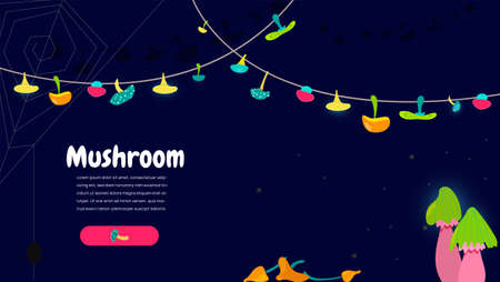 Fabulous banner with mystical mushrooms for a website or a computer game. Space splash with bright mushrooms on a dark background.のイラスト素材
