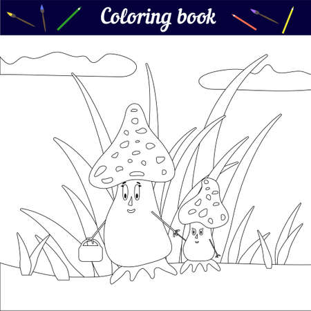 Funny coloring book for kids. A family of mushrooms is walking. Black and white vector illustration for a page with a childrens game. Fairy tale charactersのイラスト素材