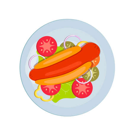 Hot dog with vegetables on a plate. Sausage with bun, tomatoes, cucumbers and onions. Food illustration on a white background.のイラスト素材
