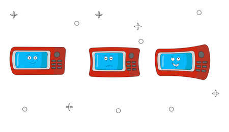 Funny emotional microwave. Cartoon character of kitchen appliances. A cheerful and tired household appliance. Isolated on white background.のイラスト素材