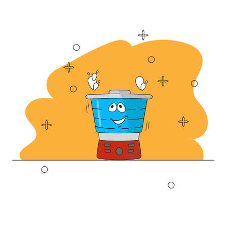Electric steamer in cartoon style. Emotional character of kitchen appliances. Red joyful household appliance on an orange background.のイラスト素材