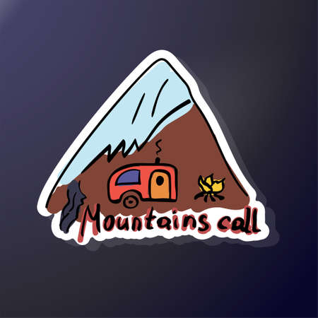 Triangular sticker of camping and foot of the mountain. In doodle style. Sketch rest. Campfire in nature. Hand lettering quote mountains call.のイラスト素材