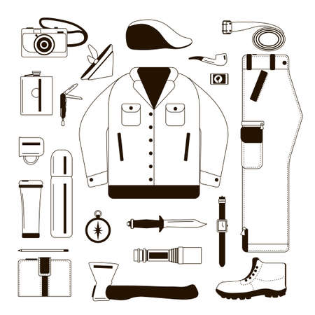 Set of silhouettes of clothes for men. Black outline on a white background. Travel wardrobe items. Outerwear and tools.のイラスト素材