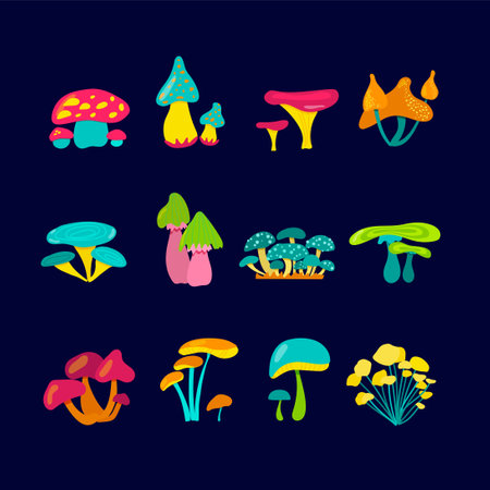 A set of fabulous mushrooms. Bright, fantastic mushrooms for application or clip art. Cartoon ingredients for a witch or alien.のイラスト素材