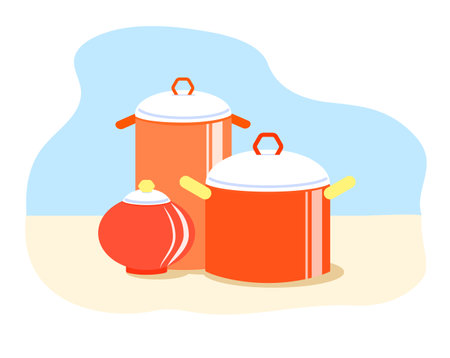 Cute red stockpots with white lids. Cartoon kitchen utensils on a light background.のイラスト素材