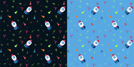 Set of seamless patterns with cartoon rockets, birthday party hats and confetti. Funny childish background. For wrapping paper, wallpaper, textilesのイラスト素材