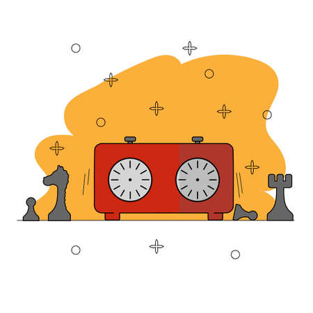 Mechanical red chess clock. Timer with buttons and chess pieces. For web design, tournament invitations.のイラスト素材