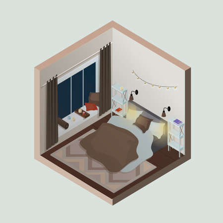 Isometric room. Modern cozy bedroom interior. Stylish room design with a large window and a wide window sill.のイラスト素材