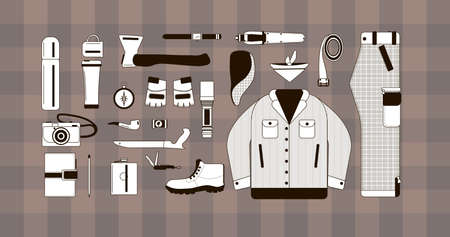 Composition of things for the traveler. Black and white objects on a printed background. man clothes top view.のイラスト素材