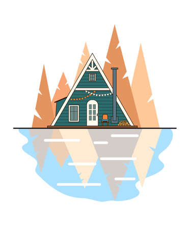 Green a-frame cabin on the lake shore. Triangular autumn trees on the background. Cozy forest landscape.のイラスト素材