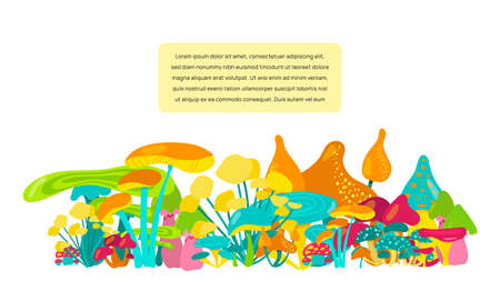 Banner with multi-colored incredible mushrooms. Many fantastic mushrooms on a white background. For screensaver or websiteのイラスト素材