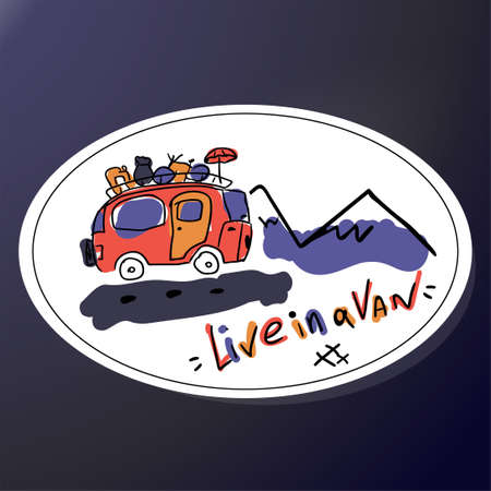 Motorhome and mountains sticker. Hand lettering quote Live in a van. A sloppy sketch of a bus with luggage.のイラスト素材