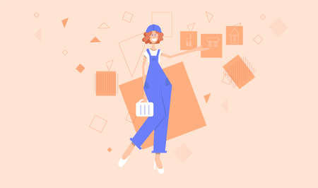 Happy girl architect in purple overalls and hard hat shows the plan. Profession concept for web page. Worker woman character in flat style on abstract background.のイラスト素材