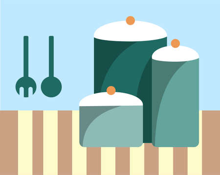 Tall green stockpots with white lids sit on a striped table. Kitchen appliances in a flat style. Simple kitchenware concept.のイラスト素材