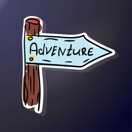 Sticker pointer with the word adventure. Hand drawing of a flag on a wooden pole.のイラスト素材