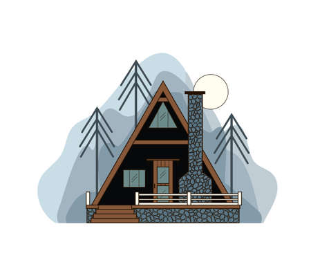 Black wooden house with stone foundations. A tiny house in the forest on an abstract gray backgroundのイラスト素材