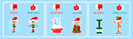 The little elf tells what can and cannot be done during hypothermia in winter. Infographic stickers for kids posters about frostbite.のイラスト素材