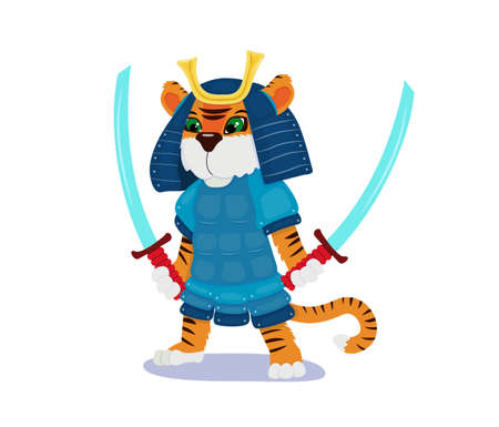 Cute tiger samurai in blue armor with swords. Cartoon defender of the new year. Traditional holiday symbol. Vector illustration.のイラスト素材