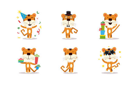 Set of funny cute tiger cubs. Cute characters for stickers. Tiger in a cap, hat, glasses, with gifts. Collection of kittens mascots of the new year.のイラスト素材