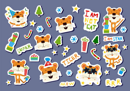 A large set of stickers with tiger faces. Lovely tiger cubs in hats and with gifts. Funny inscriptions, snowflakes and Christmas trees. Festive stickers with the symbol of the year.のイラスト素材