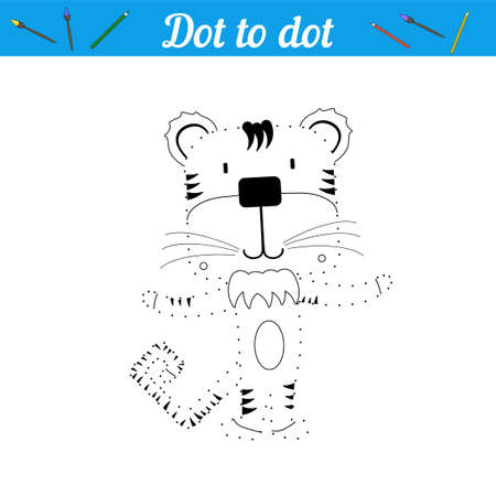 Draw a tiger, connect the dots. Cartoon animal for educational game for kids. Coloring book, point game with wild animal. Educational puzzle for preschoolers.のイラスト素材