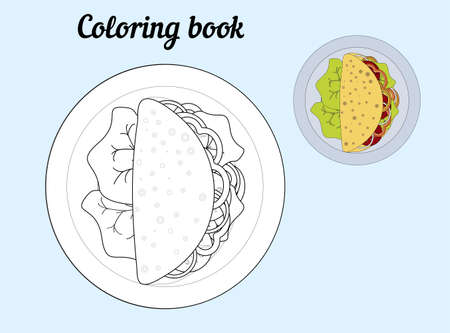 Page of black and white lines with color example. Coloring book. Mexican food. Plate with tacos and vegetables.のイラスト素材