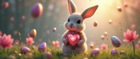 A semi-realistic digital painting of an adorable white rabbit with large expressive eyes, holding a...