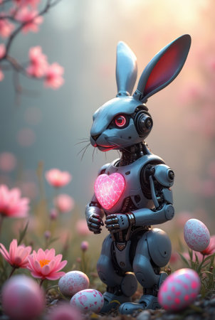 A humanoid robotic rabbit holding a radiant pink egg. The setting is a lush green field with scattered decorated eggs and delicate flowers.の写真素材