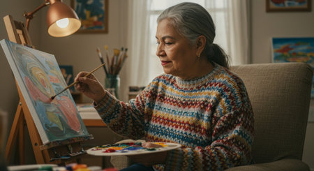 A senior woman sits indoors, painting a colorful abstract piece on canvas. With focused creativity and a calm smile, she engages in her artistic hobby, enjoying a cozy, peaceful atmosphere filled with inspiration and self-expression.の素材