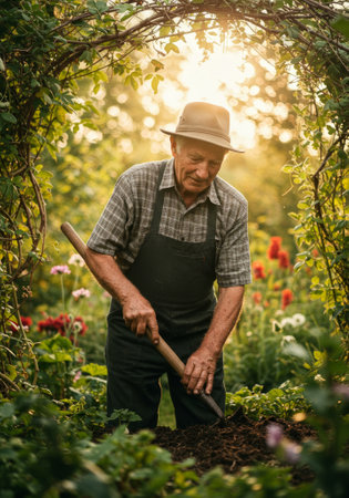 A senior man in an apron and has tends to his garden, using a shovel to work the soil. Surrounded by blooming flowers and lush greenery, the warm light and calm atmosphere reflect a peaceful outdoor gardening routine.の素材