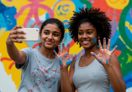 Two women taking a selfie with painted hands in front of a colorful mural, capturing a moment of artistic expression and creative joy.の素材