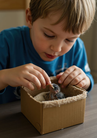 Boy feeding a rescued baby bird in a cardboard box, concept of animal rescue and caring for injured wildlife.の素材