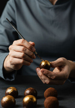 Woman chocolatier decorating a handmade dark chocolate truffle with a golden paint brush. World Chocolate Day delicious dessert.の素材