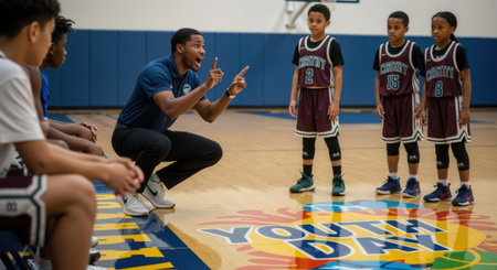 Male coach instructing boys basketball players on court during game. International Youth Day sports and training concept.の素材