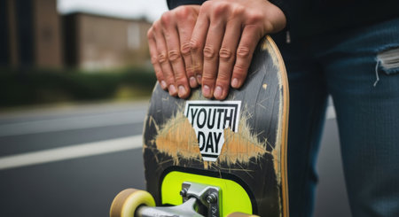 Man holding a skateboard with a "Youth Day" sticker. International Youth Day and celebration of young generation. Urban exploration concept.の素材