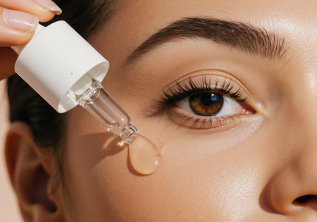 Woman uses a cosmetic pipette dropping serum on her clean face. Beauty and health care products. Skincare routine.の素材