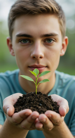 Young man holding a small green plant in hands with soil. Environmental conservation and sustainable earth concept for International Youth Day.の素材