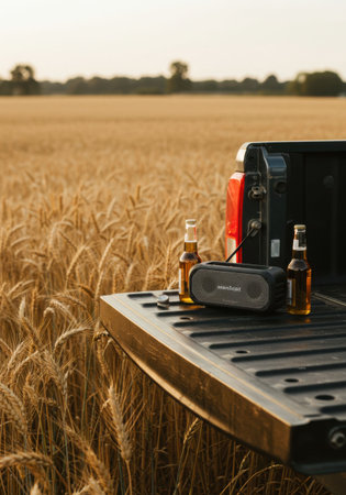 Two bottles of beer and a black portable speaker on a pickup truck tailgate with a golden wheat field background. Rural celebration and outdoor leisure for Beer Day.の素材