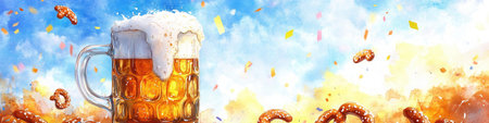 A large beer mug with overflowing foam and pretzels on a sky background. Beer day celebration and party concept. Banner design for drink festival.の素材