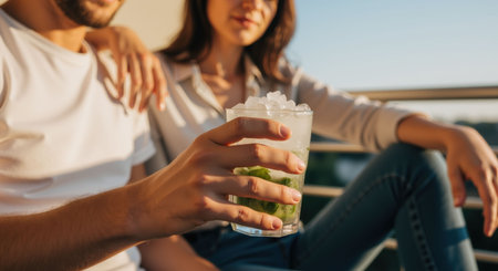 A couple, a man and a woman, relaxing outdoors, with the man holding a refreshing mojito cocktail. Summer evening concept.の素材