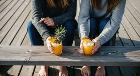 Two women sitting on a wooden pier, holding tropical pineapple cocktails. Summer vacation concept with refreshing drink.の素材