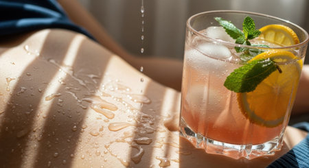 Woman with refreshing cocktail on body with water drops, concept of summer drink, hydration and relaxation for health and wellness.の素材